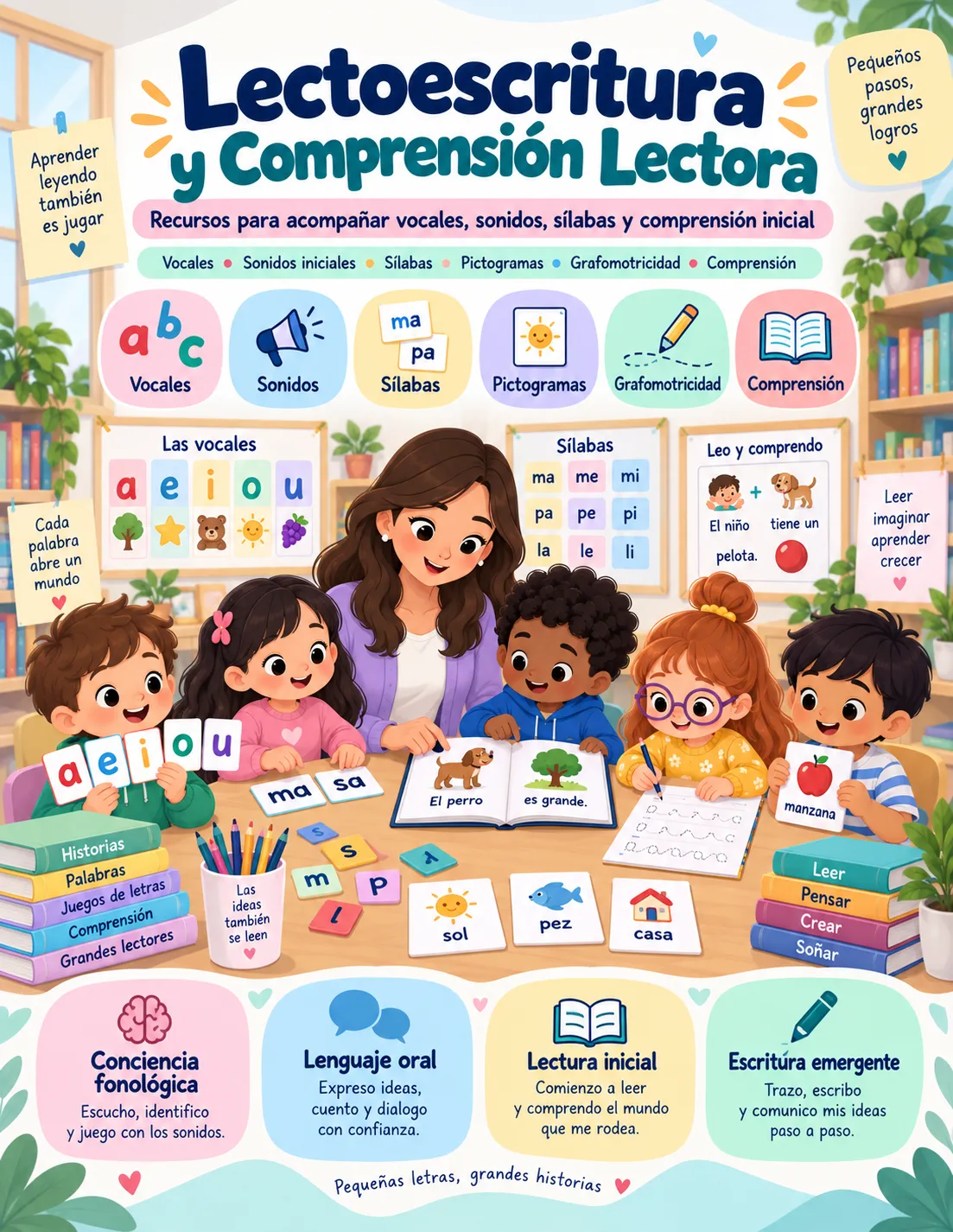Lectoescritura y comprensión lectora: recursos para trabajar vocales, sonidos, sílabas, vocabulario y comprensión inicial